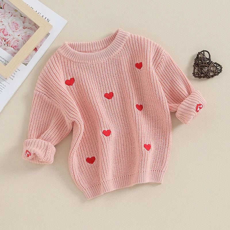 Baby girl knit sweater with heart embroidery, perfect Valentine's Day pullover for toddlers.