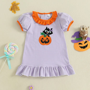 Cute Halloween striped dress for toddlers with pumpkin and black cat embroidery, perfect fall outfit for girls.