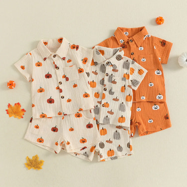Baby Boys Halloween Outfits Pumpkin Print Button Short Sleeves T-Shirt and Elastic Shorts Set Clothes Set