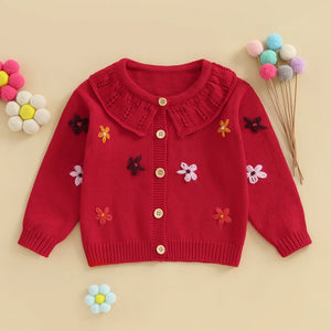 Baby Toddler Girls Cardigan Sweater 3D Flower Design Button Down Long Sleeve Knitted Top