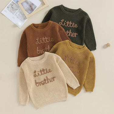 Baby boys' crew neck sweater with "Little Brother" embroidery, long sleeve pullover top for stylish toddler outfits.