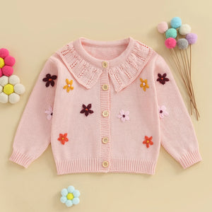 Baby Toddler Girls Cardigan Sweater 3D Flower Design Button Down Long Sleeve Knitted Top