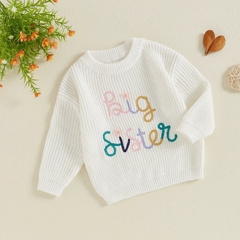 Big sister fall winter sweater for girls with flower embroidery, casual crew neck, long sleeve pullover top.