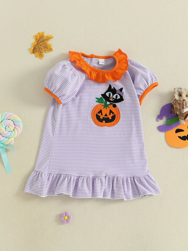 Baby Toddler Kids Girl Halloween Striped Dress Pumpkin Black Cat Embroidered Short Sleeve Ruffled Dress Cute Fall Clothes