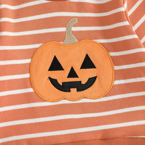Baby Toddler Boys 2Pcs Halloween Outfit Stripe Pumpkin Embroidery Long Sleeve Top and Long Jogger Pants Clothes Set