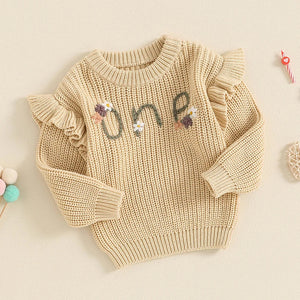 Baby girl birthday sweater with floral embroidery, warm long sleeve pullover for infants, stylish knitwear top.