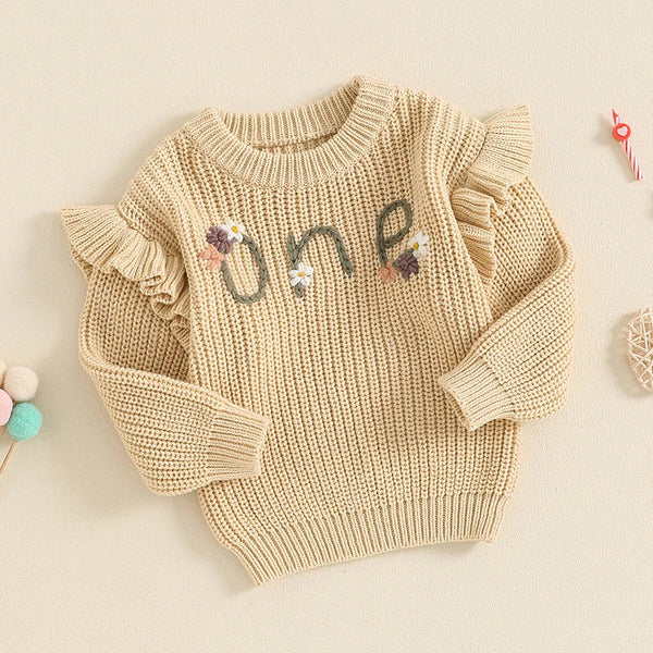 Baby girl birthday sweater with floral embroidery, warm long sleeve pullover for infants, stylish knitwear top.