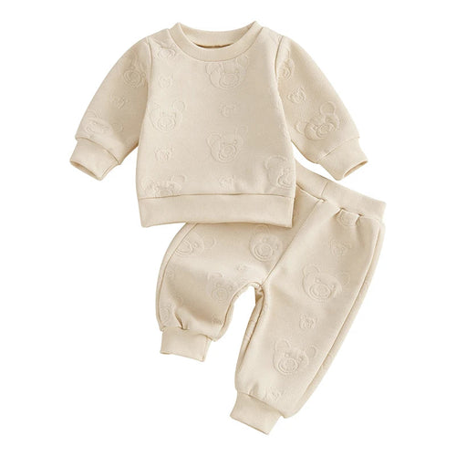 Baby toddler jogger set with bear pattern, long sleeve crewneck top and pants, perfect fall outfit for boys and girls.