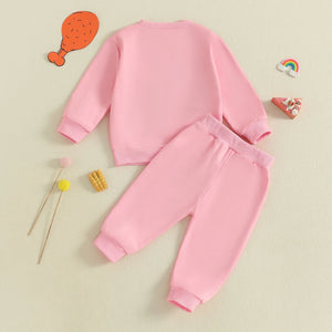 Baby Toddler Girls 2Pcs Thanksgiving Outfit Long Sleeve Turkey Gobble Embroidery Top + Pants Jogger Set Clothes