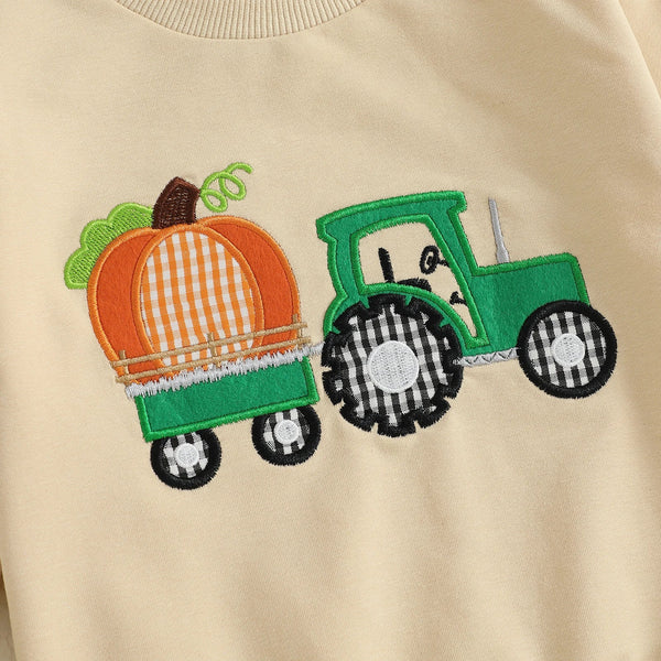 Baby Boy Fall Outfit Pumpkin Turkey Tractor Embroidery Long Sleeve Sweatshirt and Elastic Pants Clothes
