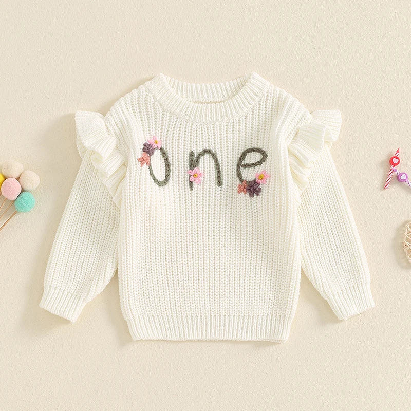 Baby girl birthday sweater with floral embroidery, long sleeve knitted pullover for infants, perfect for casual wear.