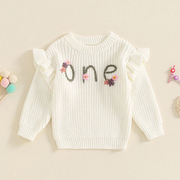 Baby girl birthday sweater with floral embroidery, warm long sleeve pullover, perfect for infant casual wear.