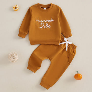 Baby toddler 2-piece Thanksgiving outfit with embroidered long sleeve top and solid jogger pants for boys and girls.