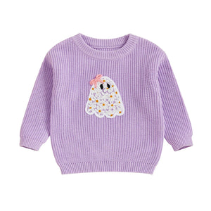 Baby Toddler Kids Girl Halloween Sweater Long Sleeve Round Neck Ghost Flower Embroidery Knit Pullover Top