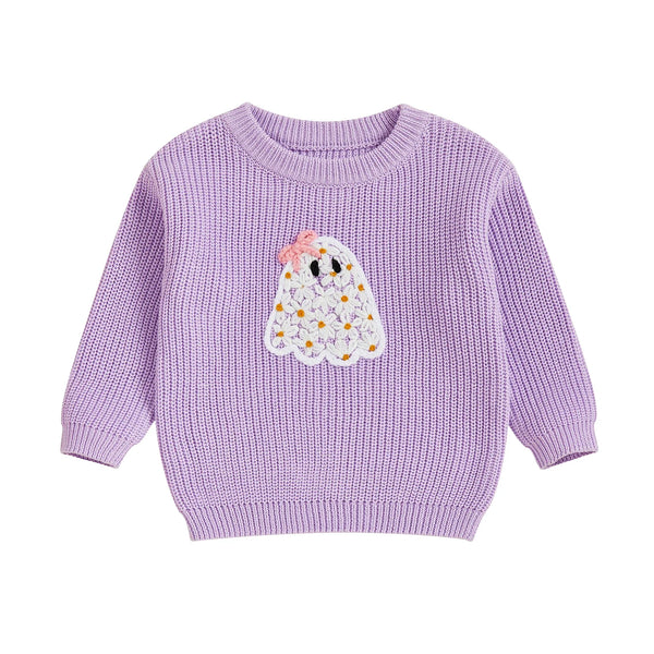 Baby Toddler Kids Girl Halloween Sweater Long Sleeve Round Neck Ghost Flower Embroidery Knit Pullover Top