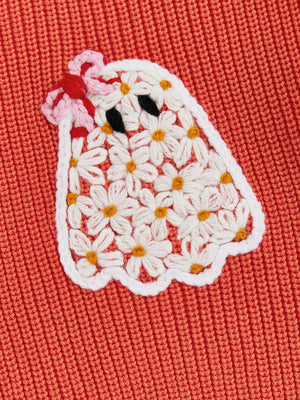 Baby Toddler Kids Girl Halloween Sweater Long Sleeve Round Neck Ghost Flower Embroidery Knit Pullover Top