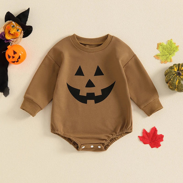 Baby Halloween romper with pumpkin face print, round neck, and long sleeves for girls and boys. Angle 3 view.