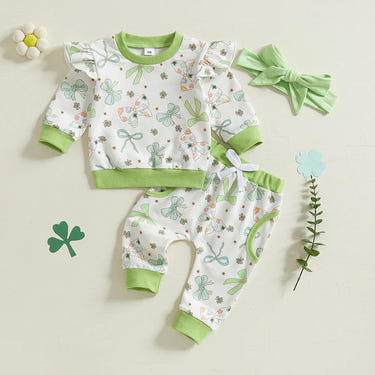 Baby toddler girls' 3-piece St. Patrick's Day outfit with shamrock print top, jogger pants, and headband.