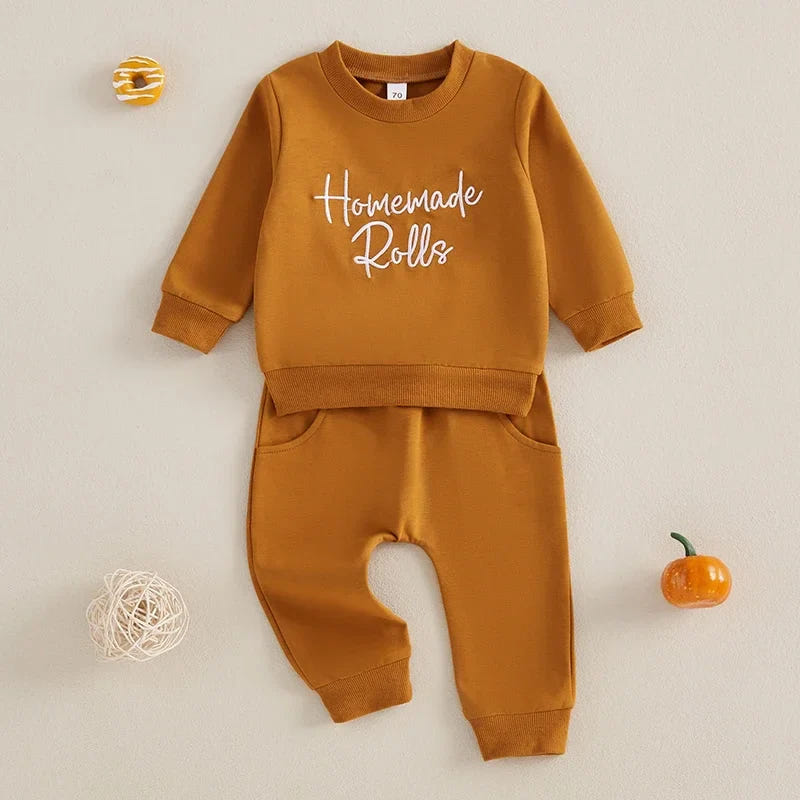 Baby toddler 2-piece Thanksgiving outfit with embroidered long sleeve top and solid jogger pants for boys and girls.