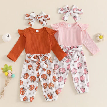 Baby girls' 3-piece Halloween outfit with ribbed romper, pumpkin print pants, and matching headband. Perfect for festive fun!
