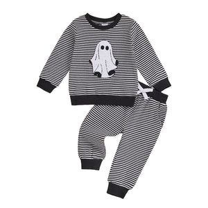 Baby Toddler Boys 2Pcs Halloween Outfit Ghost Embroidery Striped Long Sleeve Top and Elastic Pants Clothes Set