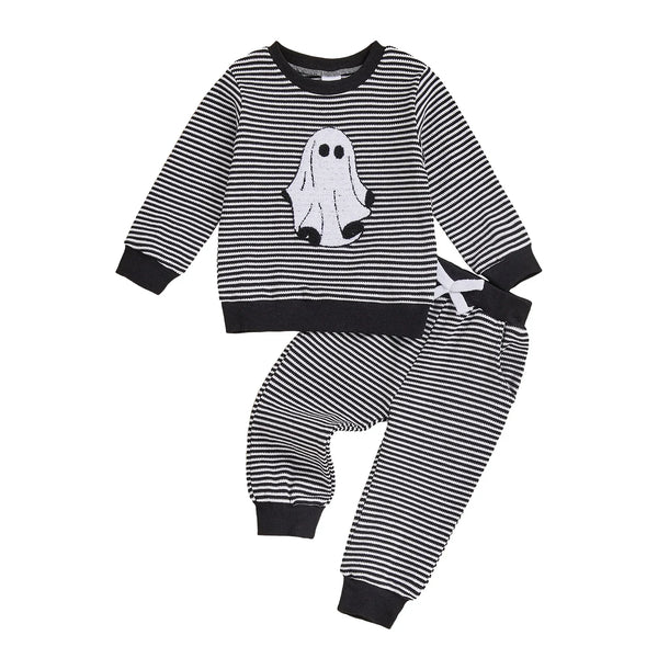 Baby Toddler Boys 2Pcs Halloween Outfit Ghost Embroidery Striped Long Sleeve Top and Elastic Pants Clothes Set