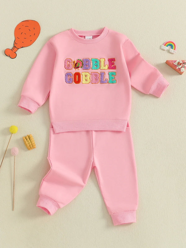 Baby Toddler Girls 2Pcs Thanksgiving Outfit Long Sleeve Turkey Gobble Embroidery Top + Pants Jogger Set Clothes