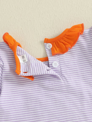 Baby Toddler Kids Girl Halloween Striped Dress Pumpkin Black Cat Embroidered Short Sleeve Ruffled Dress Cute Fall Clothes