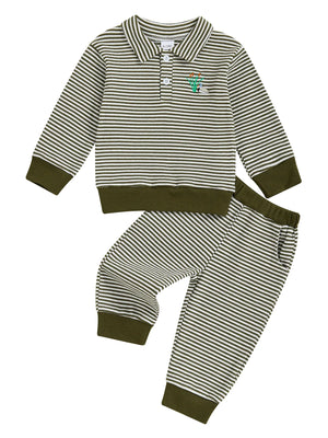 Baby Toddler Boys 2Pcs Long Sleeve Embroidery Duck Top with Striped Pants Infant Clothes Set
