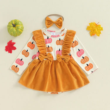 Baby girls' Halloween romper dress overalls set with pumpkin print and headband, perfect for festive occasions.