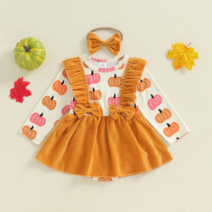 Baby girls' Halloween romper dress overalls set with pumpkin print and headband, perfect for festive occasions.
