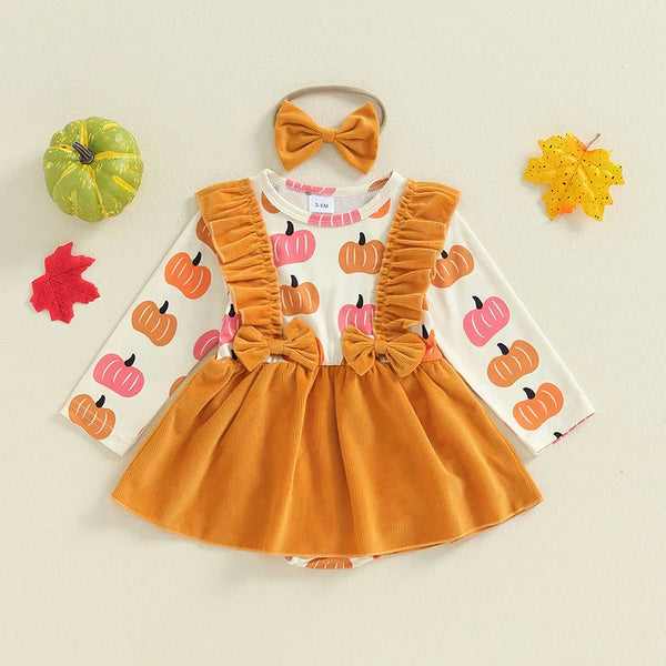 Baby girls' Halloween romper dress overalls set with pumpkin print and headband, perfect for festive occasions.