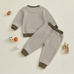Baby Toddler Boys 2Pcs Fall Outfit Rugby Embroidery Striped Long Sleeve Top and Elastic Pants Clothes Set