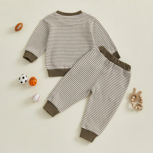 Baby Toddler Boys 2Pcs Fall Outfit Rugby Embroidery Striped Long Sleeve Top and Elastic Pants Clothes Set