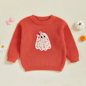 Baby Toddler Kids Girl Halloween Sweater Long Sleeve Round Neck Ghost Flower Embroidery Knit Pullover Top