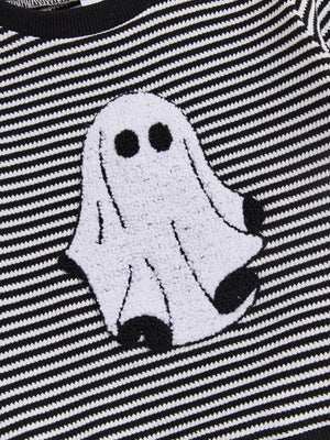 Baby Toddler Boys 2Pcs Halloween Outfit Ghost Embroidery Striped Long Sleeve Top and Elastic Pants Clothes Set