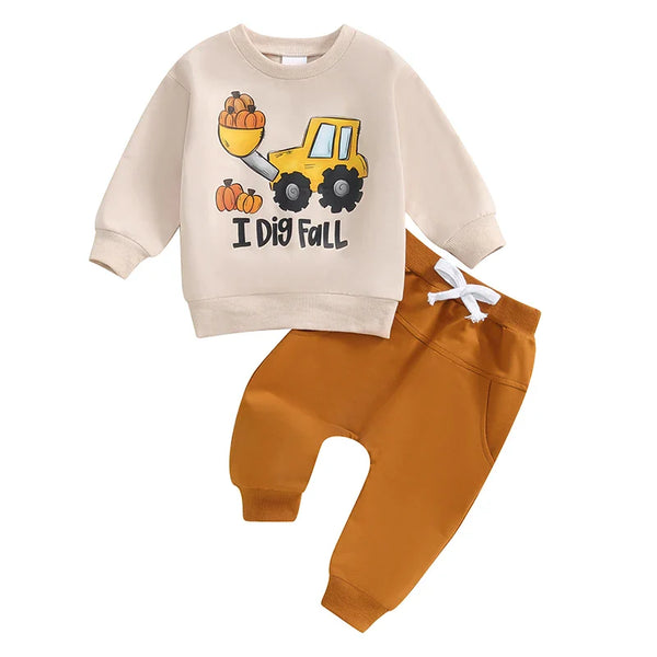 Baby Toddler Boys 2Pcs I Dig Fall Halloween Thanksgiving Outfit Tractor Pumpkin Print Long Sleeve Crew Neck Top and Elastic Pants Set