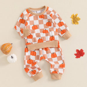 Baby Toddler Boys Girls 2Pcs Halloween Thanksgiving Outfit Checkered Pumpkin Print Long Sleeve Top and Long Pants Set