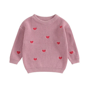 Baby Girl Knit Sweater Heart Embroidery Pullover Valentine's Day Clothes Top