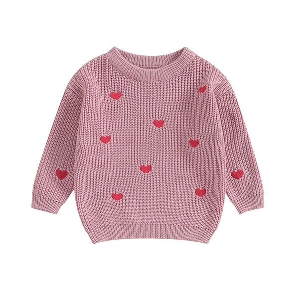 Baby Girl Knit Sweater Heart Embroidery Pullover Valentine's Day Clothes Top