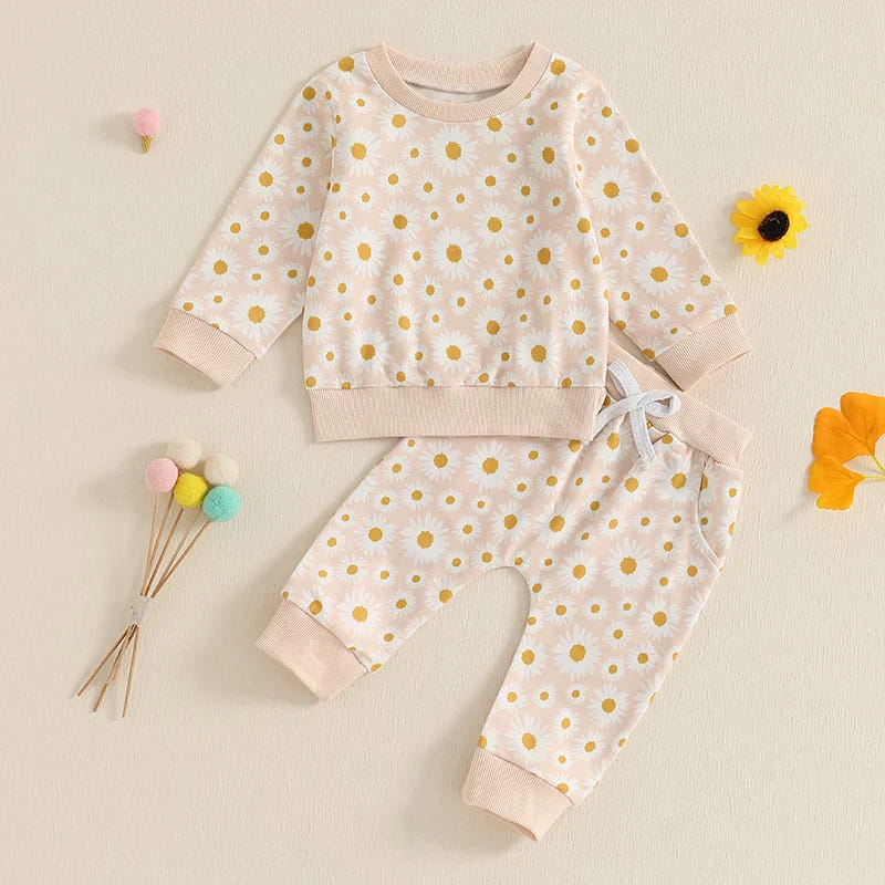 Baby toddler girls' 2-piece fall outfit with daisy print long sleeve top and elastic jogger pants set.