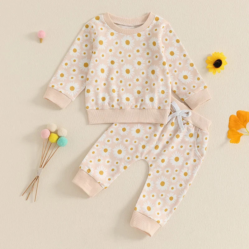 Baby Toddler Girls 2Pcs Fall Outfit Daisy Flower Print Long Sleeve Crewneck Top and Elastic Pants Jogger Set