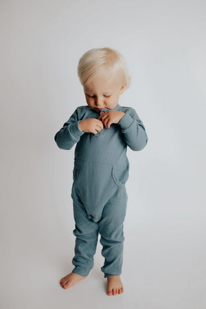 Storm Blue Baby Ribbed Playsuit with pockets