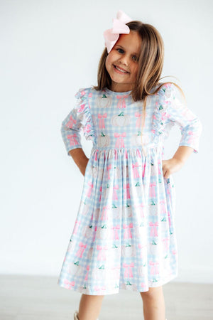 SALE Pumpkin Picnic 3/4 Sleeve Ruffle Twirl Dress for babies, featuring a playful design and vibrant colors.