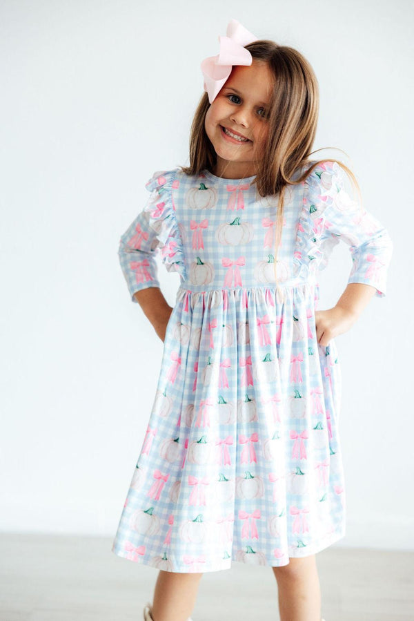SALE Pumpkin Picnic 3/4 Sleeve Ruffle Twirl Dress for babies, featuring a playful design and vibrant colors.