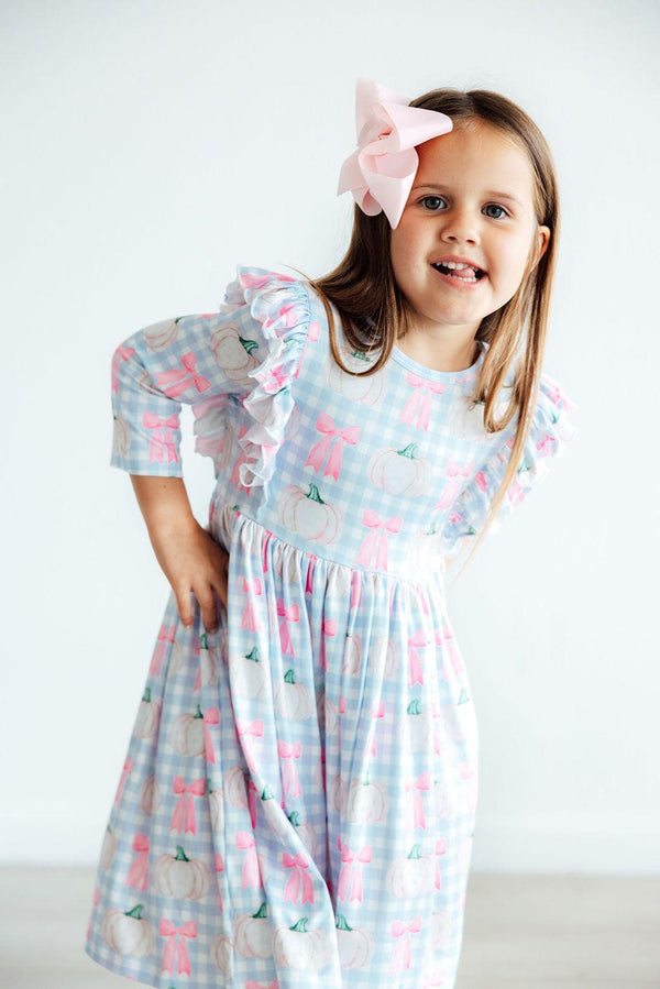 SALE Pumpkin Picnic 3/4 Sleeve Ruffle Twirl Dress for babies, showcasing a playful design and vibrant colors.