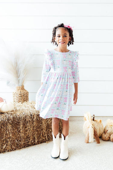 SALE Pumpkin Picnic 3/4 Sleeve Ruffle Twirl Dress for babies, featuring a playful design and comfortable fit.