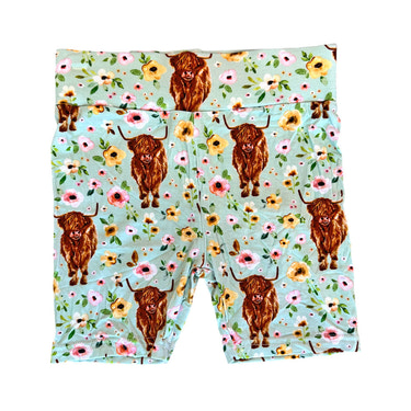 Serenity Mint Highland Cows Bamboo Kids Biker Short