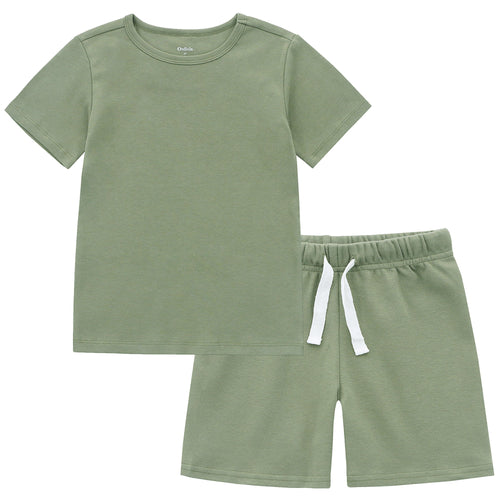 100% Organic Cotton Toddler Summer Pajama Set - Olive Green, Short Sleeve, 2 Piece Sleepsuit for Comfortable Sleep.