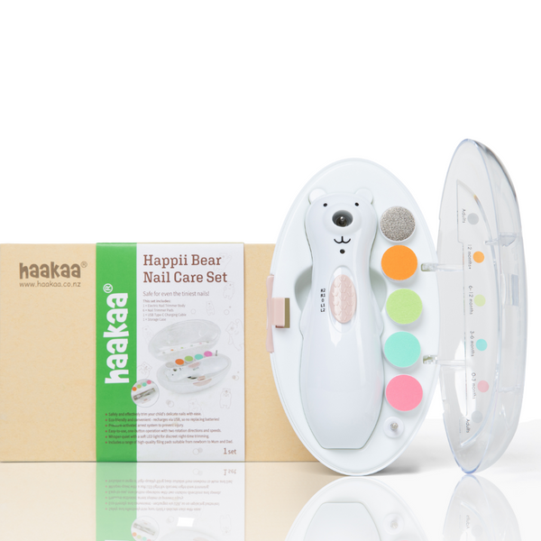 Haakaa Happii Bear Rechargeable Nail Trimmer Set for babies, shown at angle 17, safe and gentle nail care solution.